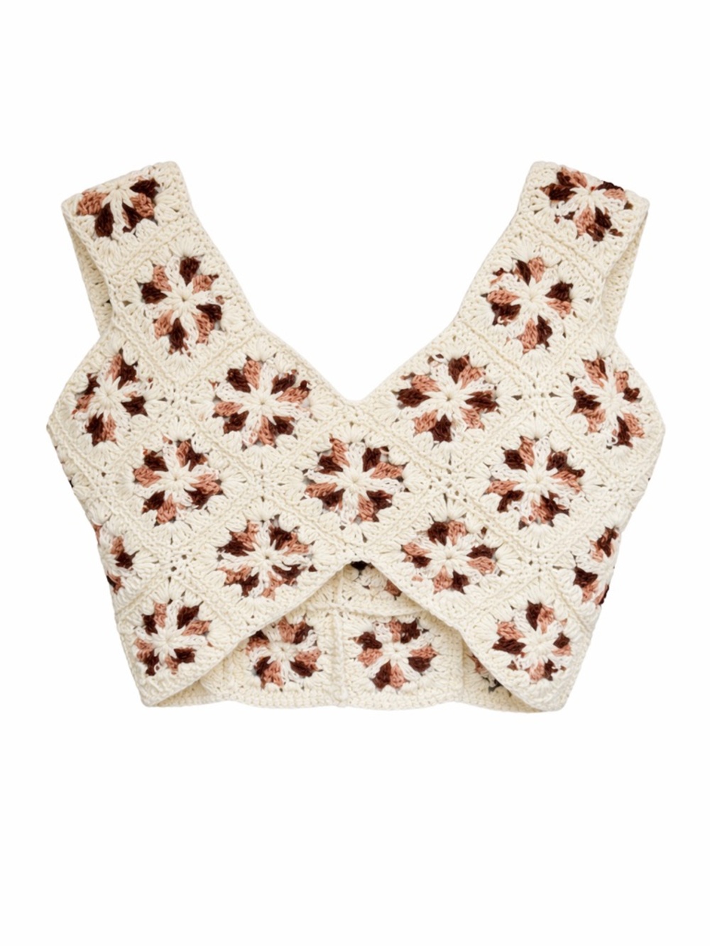 Handmade Crochet Granny Square Crop Top Boho Festival Cream Brown XS S